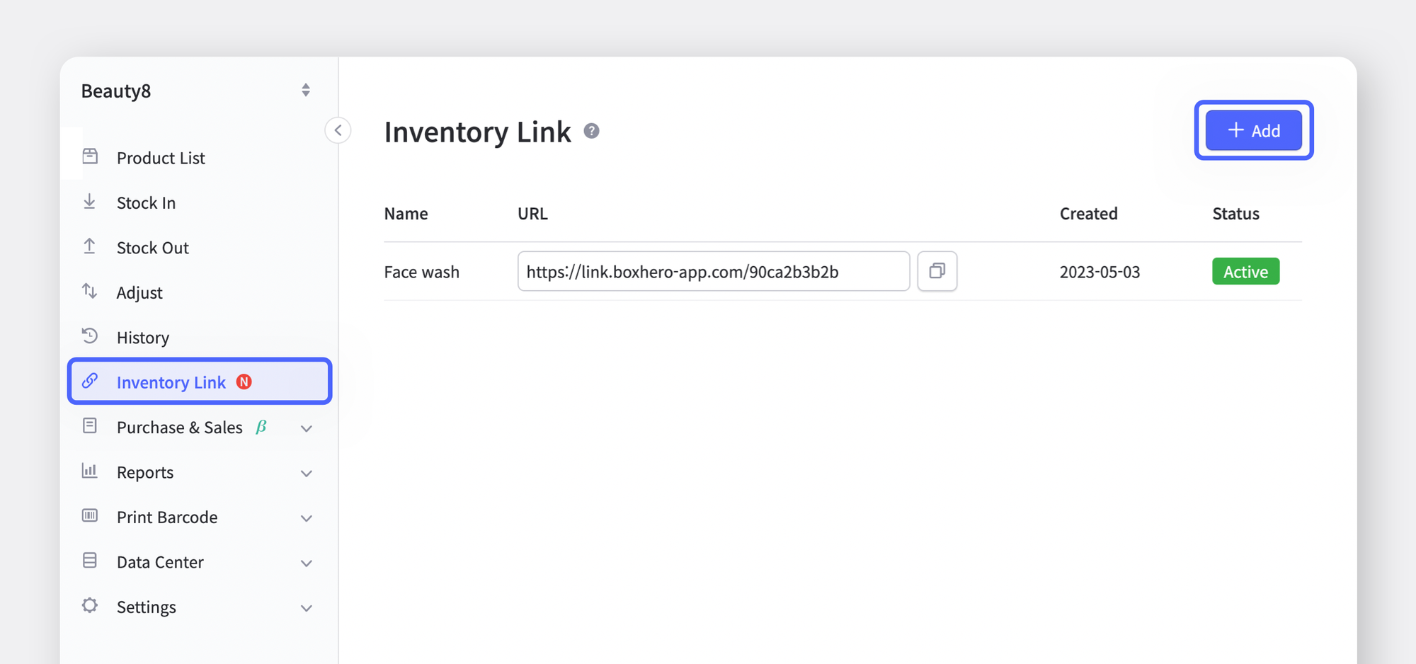 The screen for accessing the inventory link menu in BoxHero