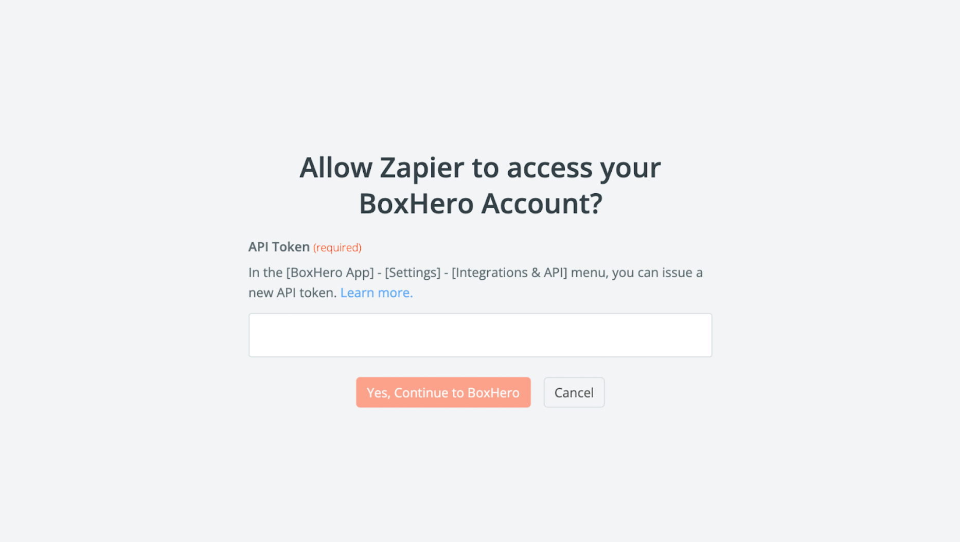 BoxHero API Token input screen on Zapier.