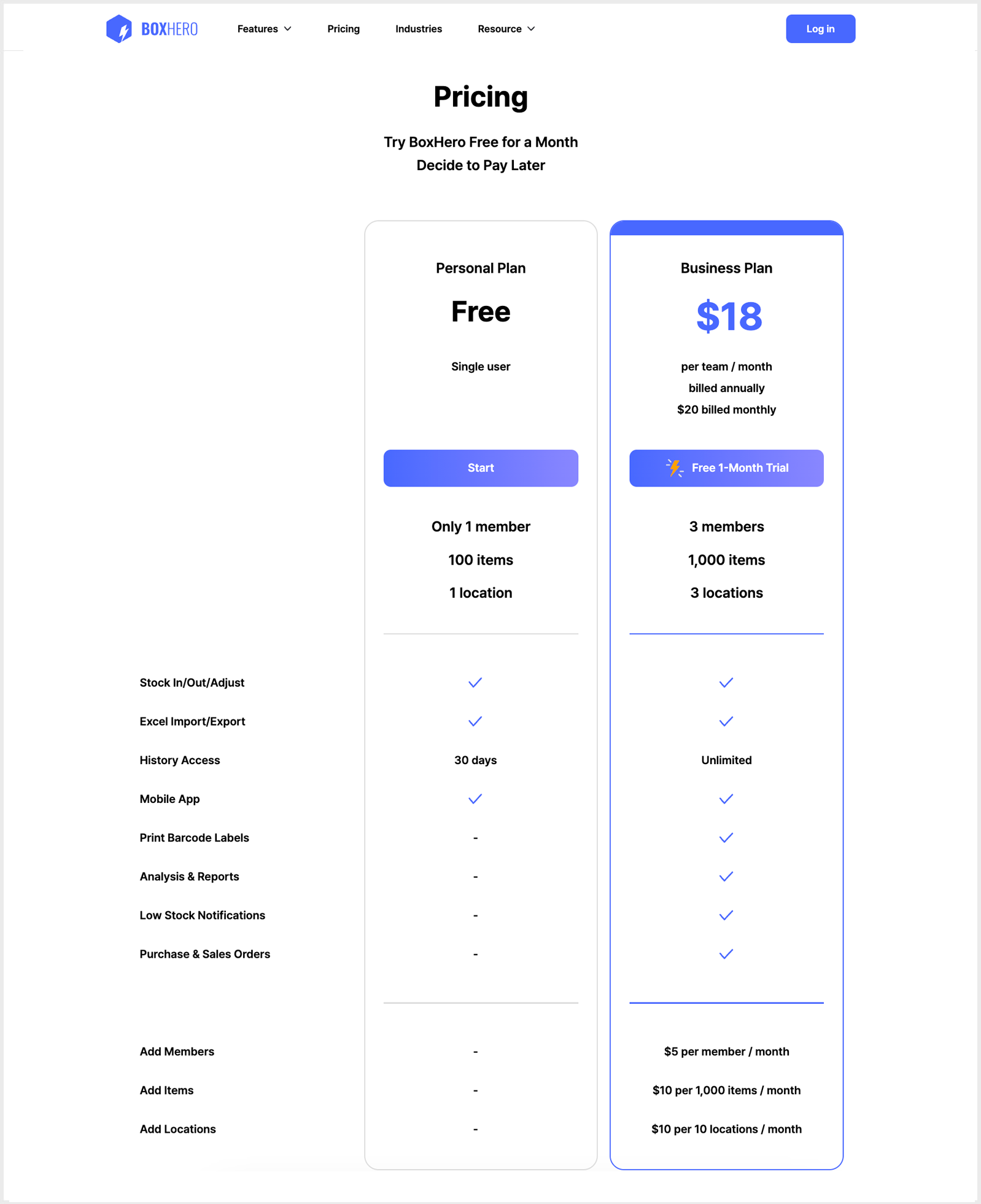 BoxHero pricing page.
