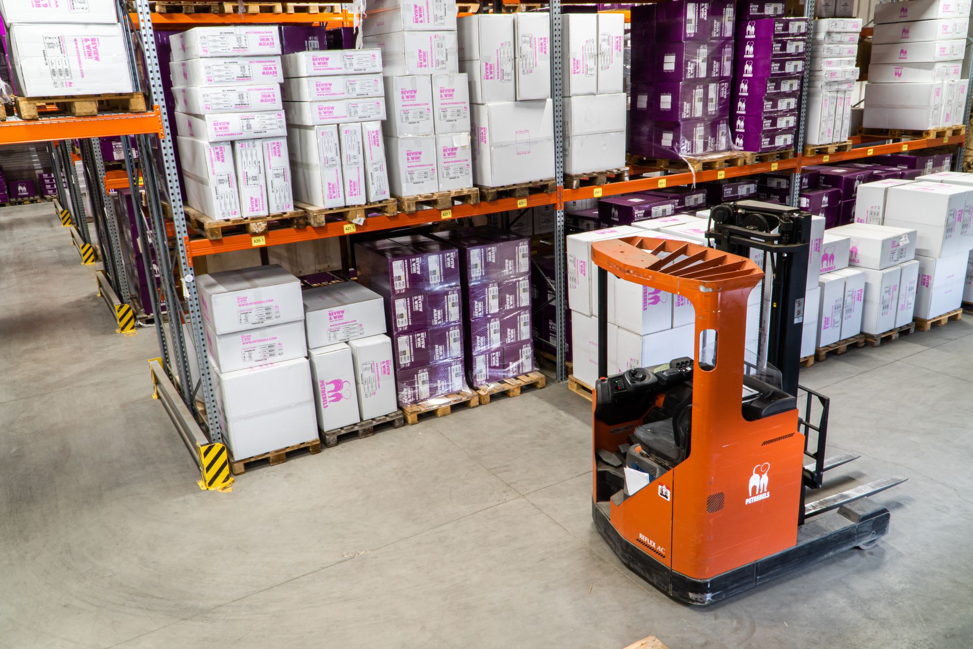 A forklift in a warehouse.