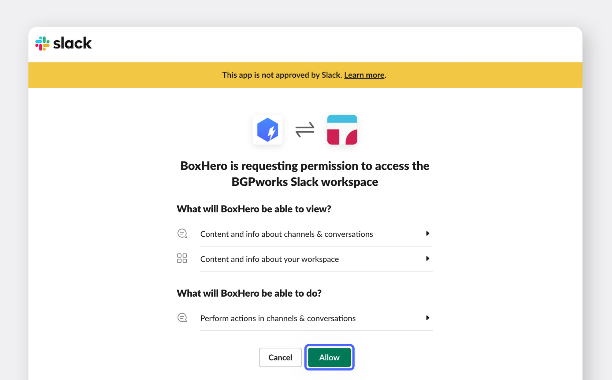 Slack screen prompting to connect with BoxHero.