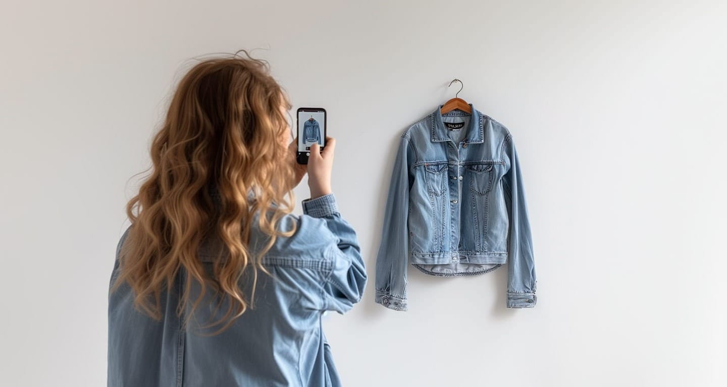A young woman takes a picture of a denim shirt on the wall with her smartphone.