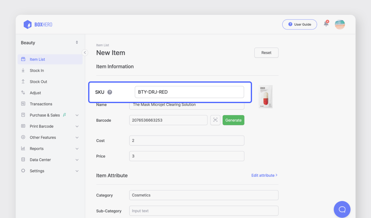 BoxHero UI: SKU Code Column when Registering Items