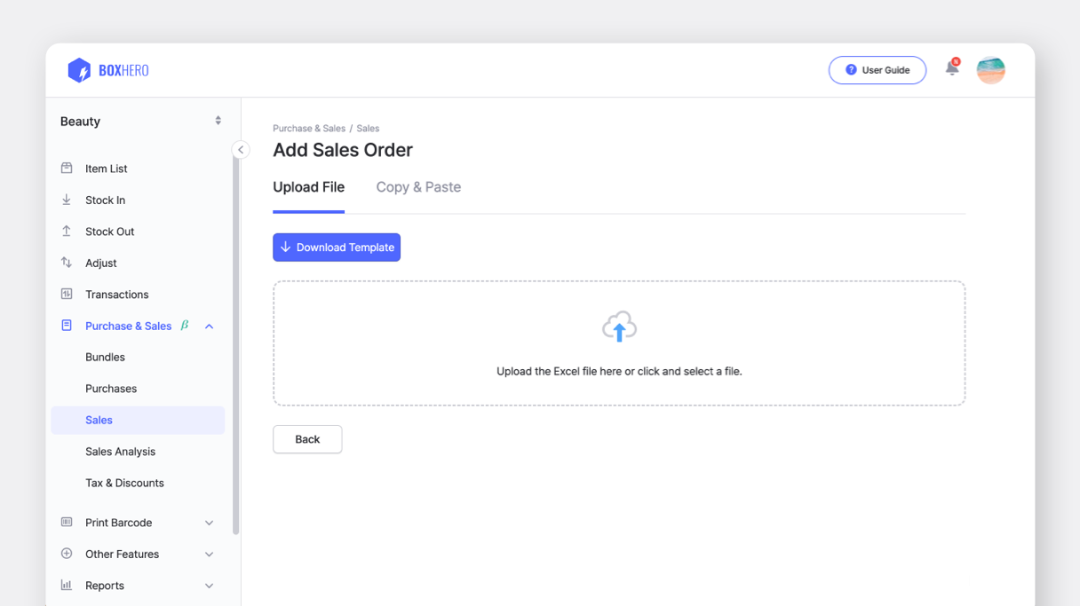 BoxHero UI: Add Sales Order by Importing Excel File