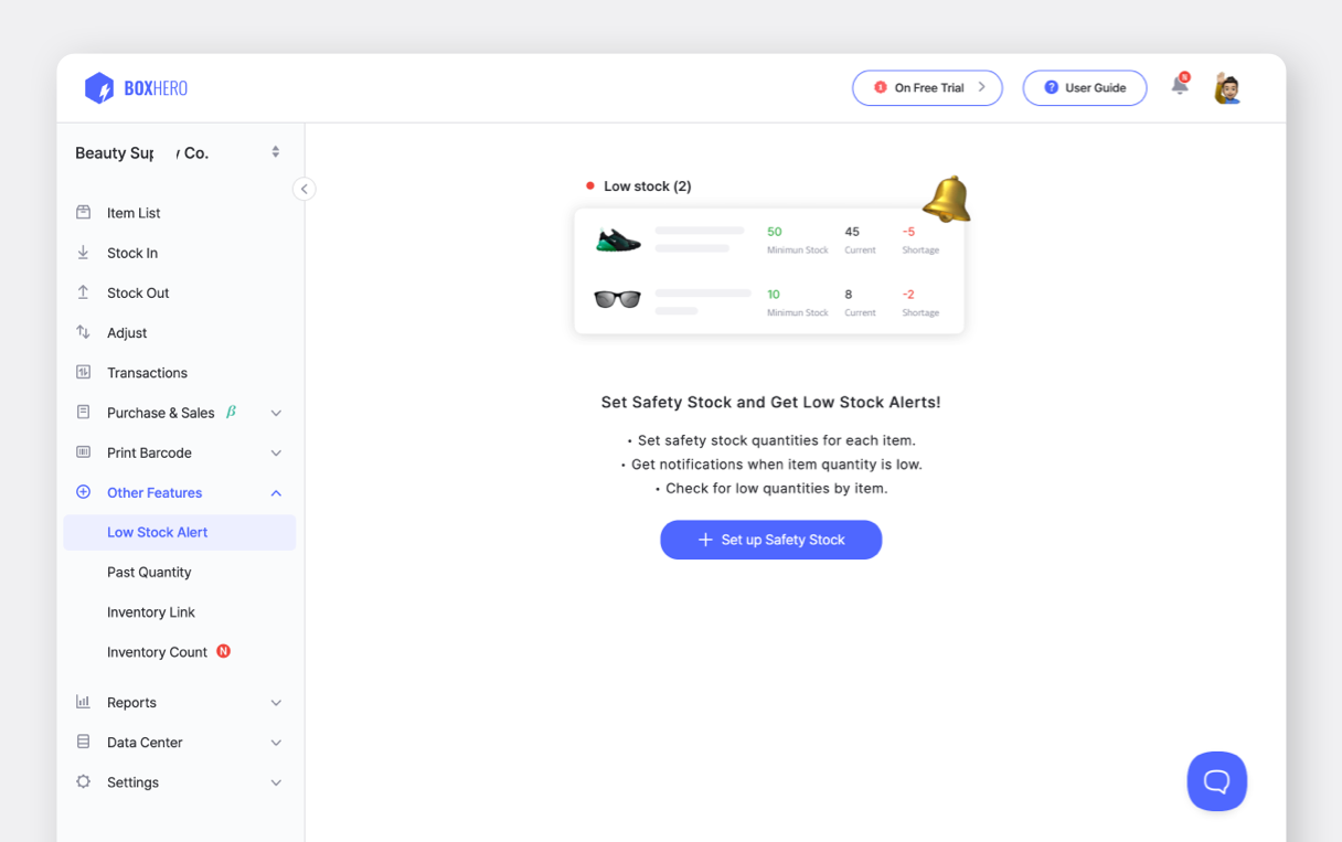 BoxHero UI: Set Safety Stock and Get Low Stock Alerts