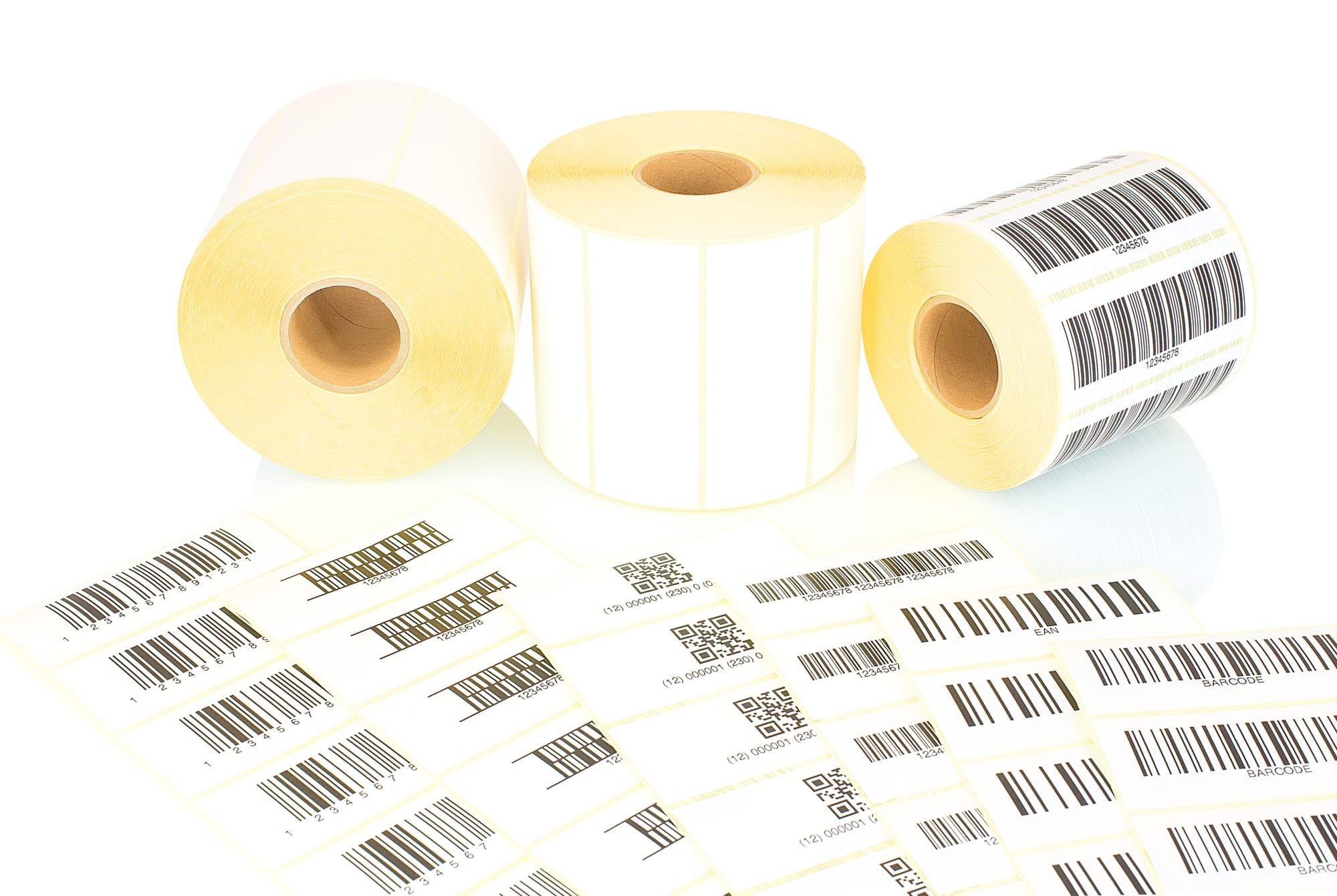 White label rolls and printed barcodes for thermal transfer printing