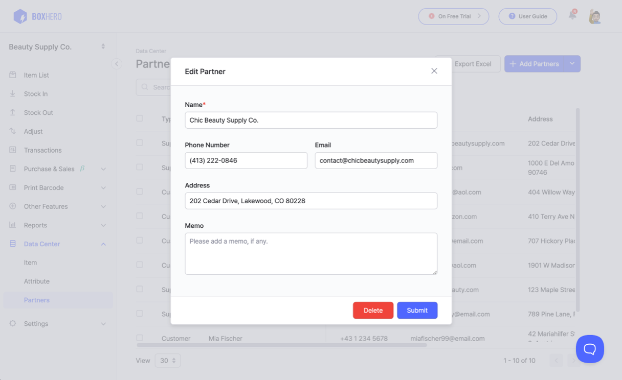 BoxHero UI: Data Center > Partners > Add Partner page