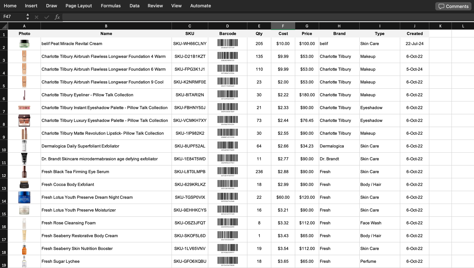 Excel Screenshot: Spreadsheet of Inventory Data with Item Photos and Barcode Images