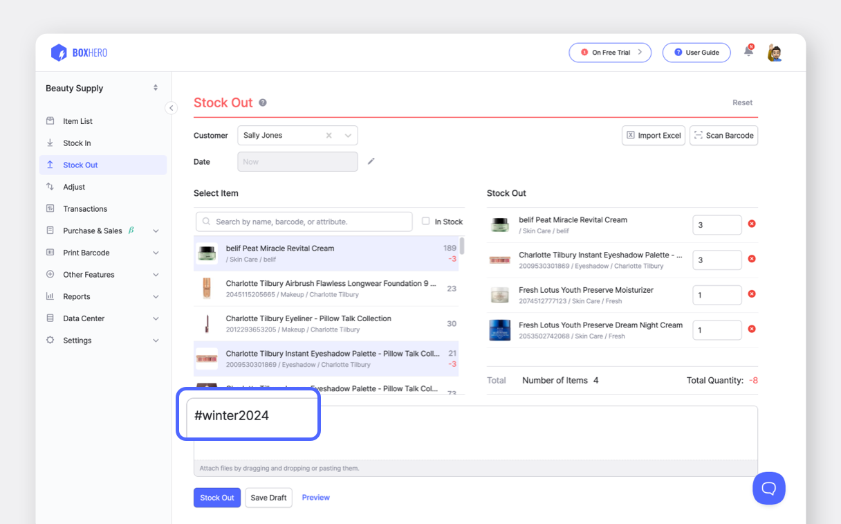 BoxHero UI: Stock out with Hashtags for Tracking Inventory Changes