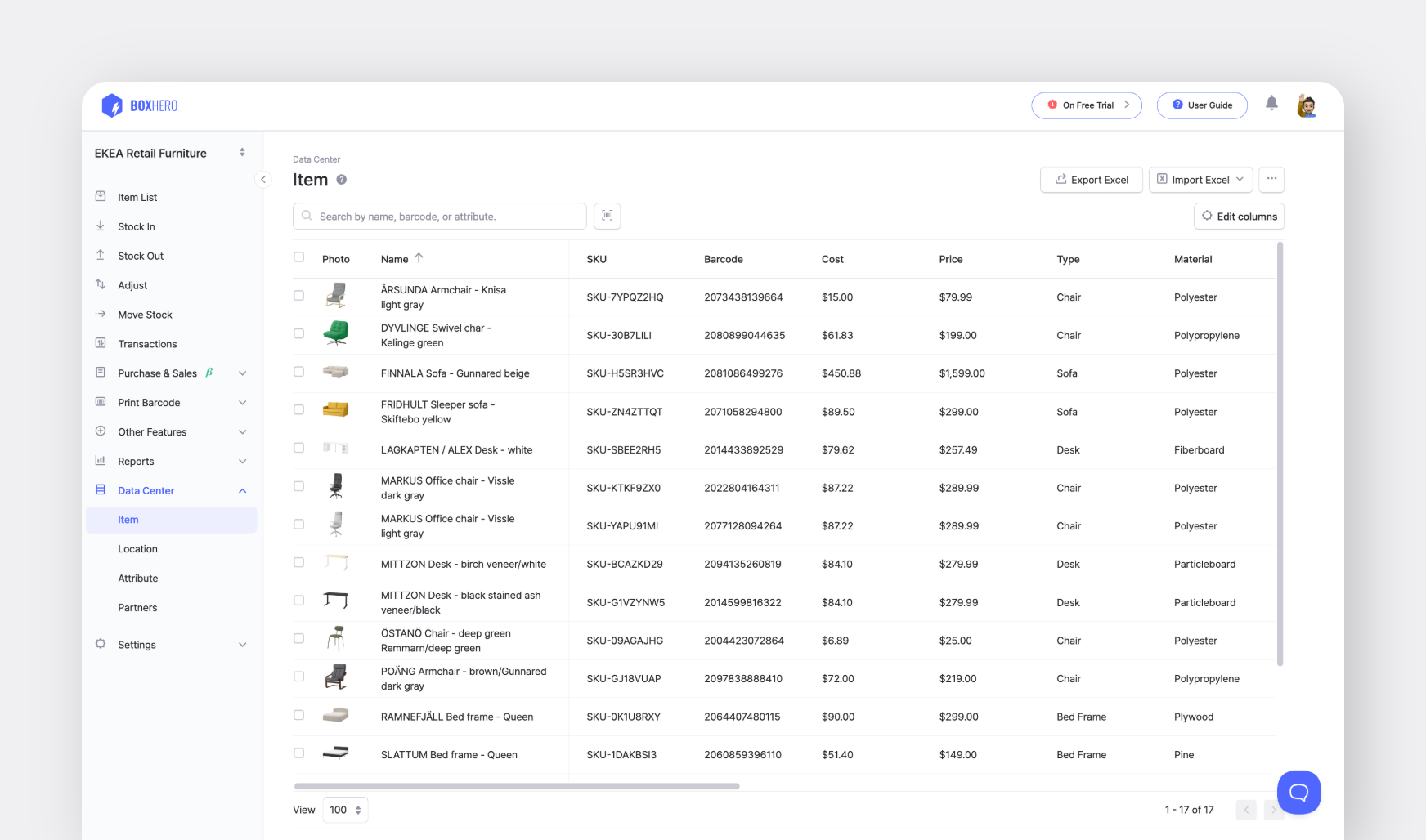 BoxHero UI: An overview of all furniture items in a team's data center