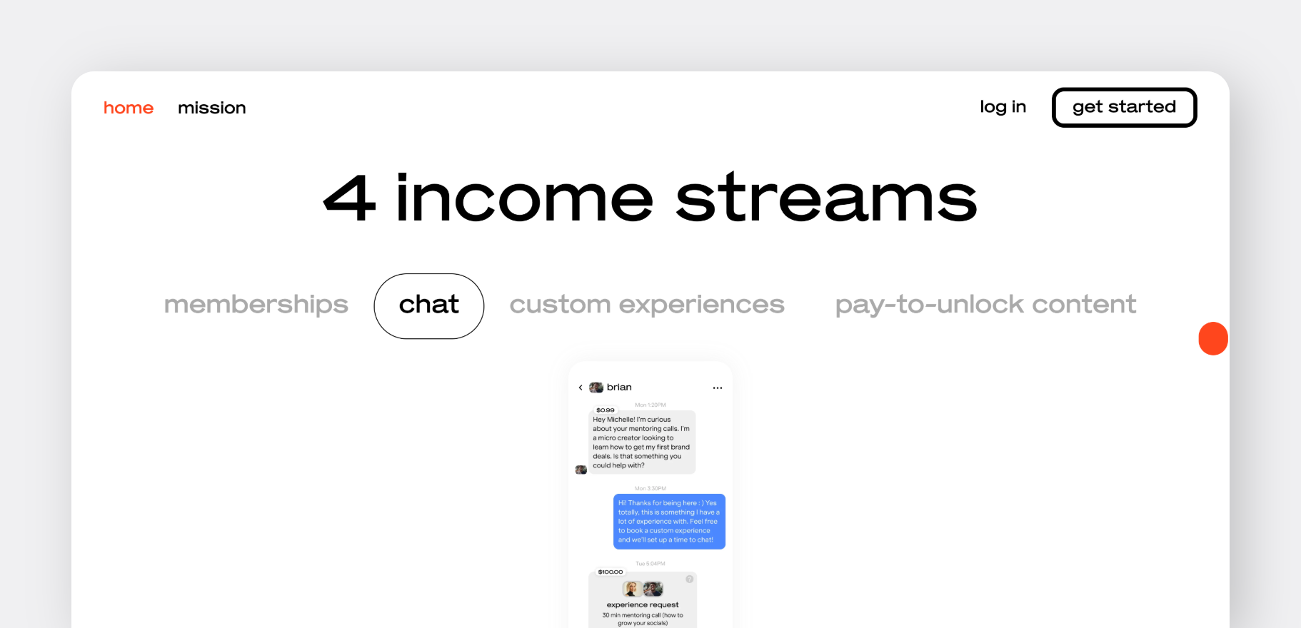 Webpage highlighting "4 income streams" for creators: memberships, chat, custom experiences, and pay-to-unlock content, with a sample chat shown.