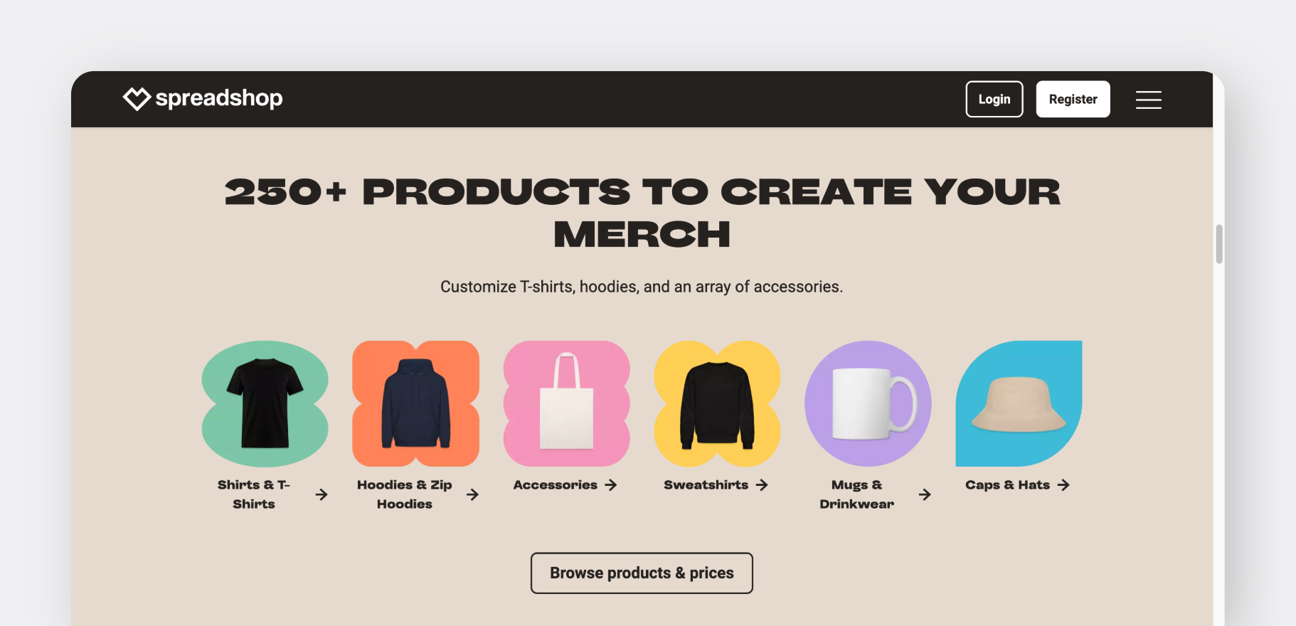 Spreadshop homepage featuring "250+ Products to Create Your Merch," with icons for shirts, hoodies, accessories, mugs, hats, and more.