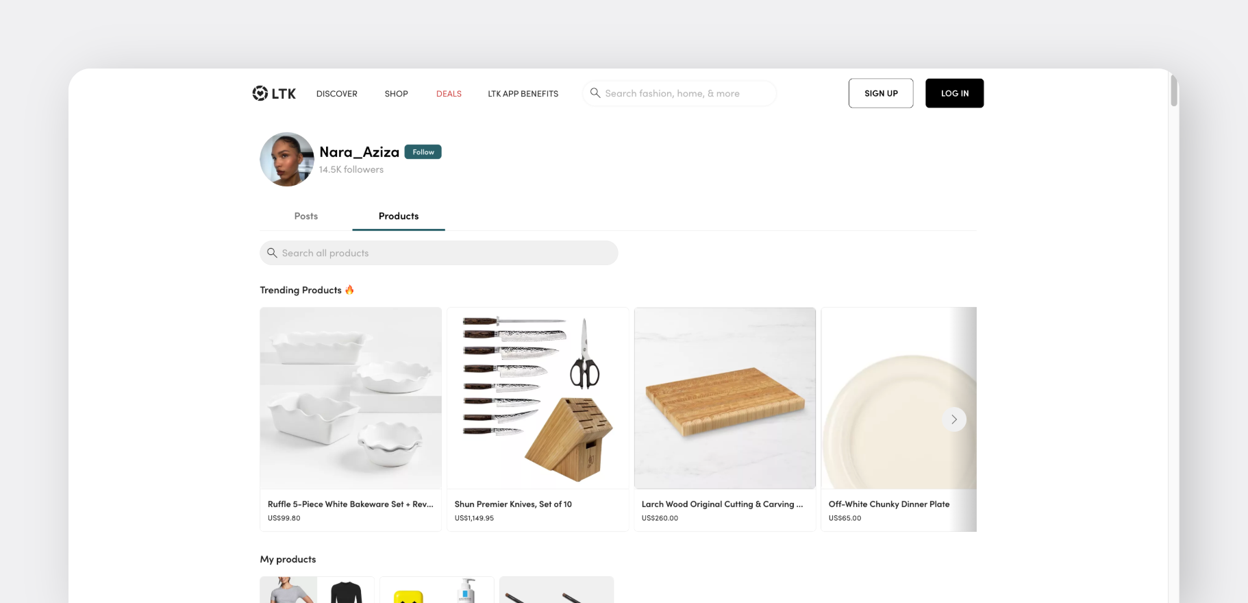 LTK profile page of Nara_Aziza with 14.5K followers, showcasing trending products like bakeware, knives, cutting boards, and dinner plates.