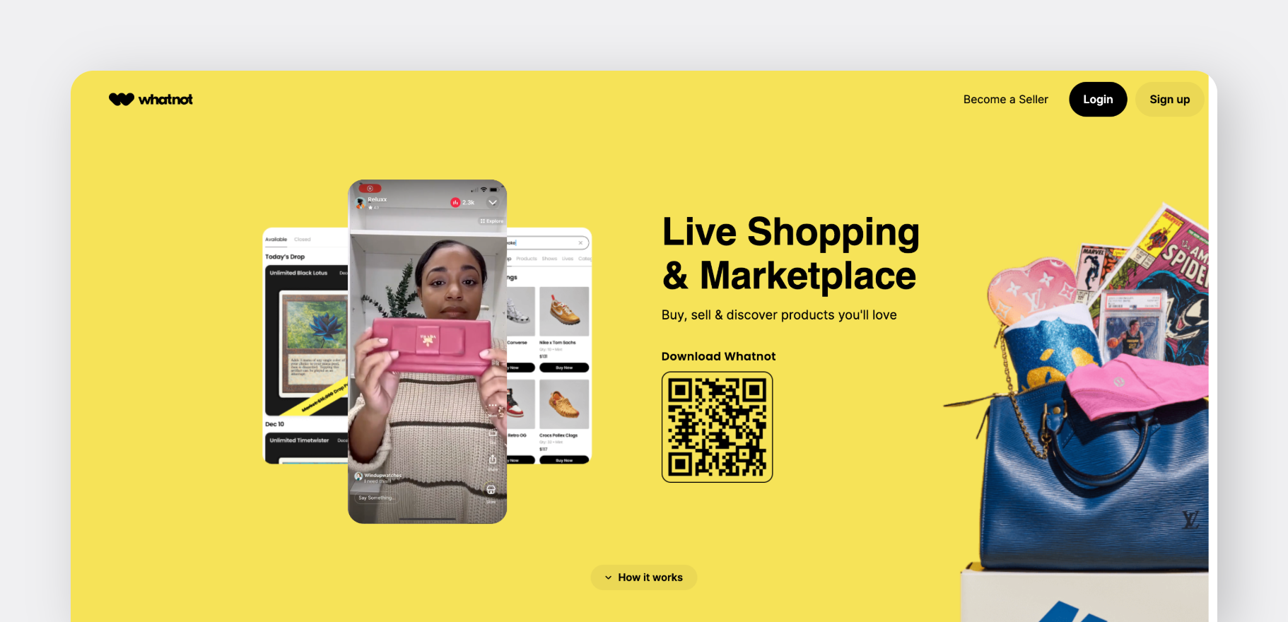 Whatnot homepage with a bright yellow background, featuring live shopping, a QR code to download the app, and products like bags and collectibles.