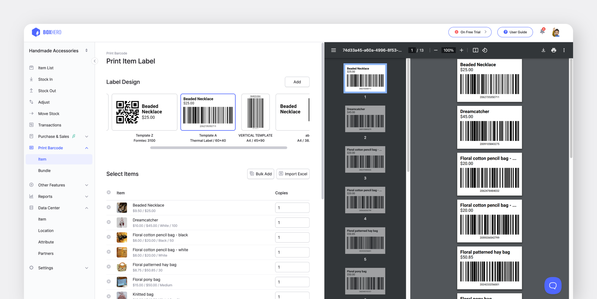 BoxHero’s Barcode Feature PC UI Screen