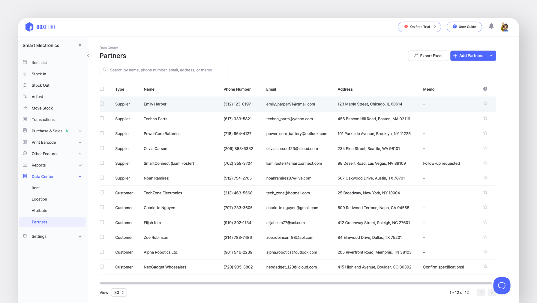 BoxHero PC UI Screen: Data Center > Partners