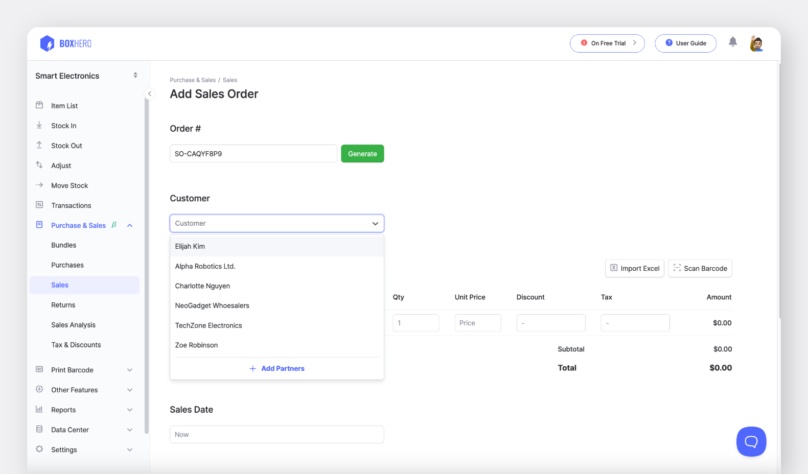 BoxHero PC UI Screen: Add Sales Order to Customer