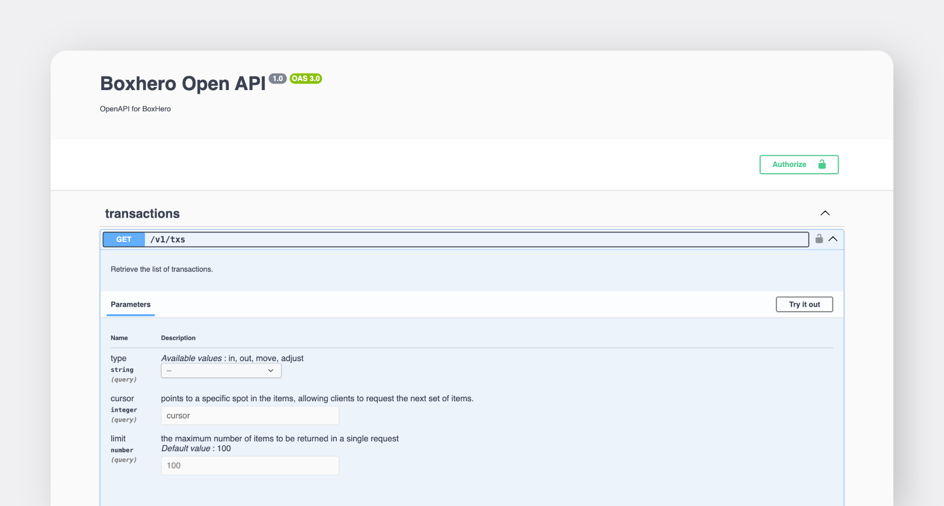 BoxHero Open API Reference: Transaction Parameters