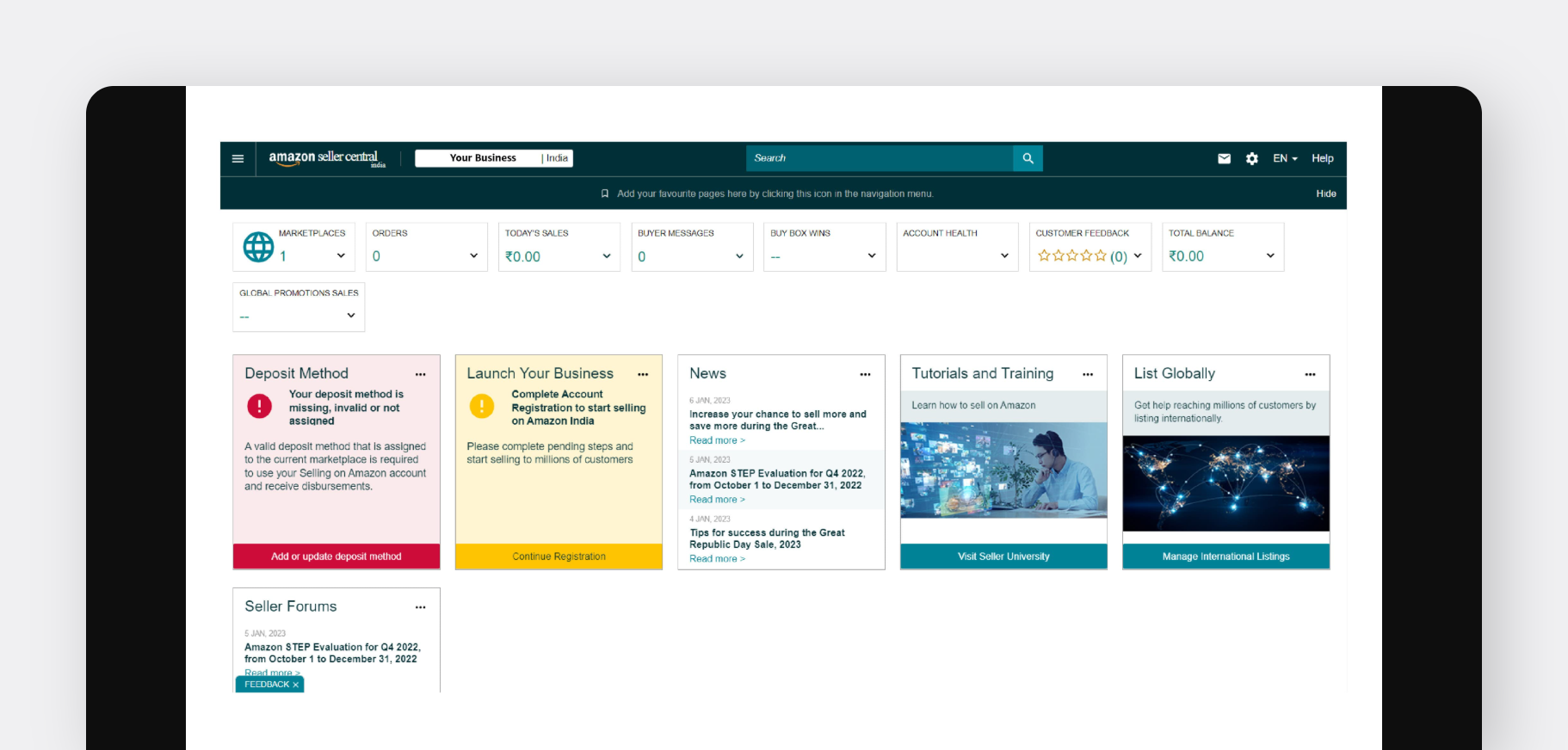 Screenshot of the Amazon Seller Central dashboard for India, showing account metrics, alerts for deposit method, registration, and various tools.