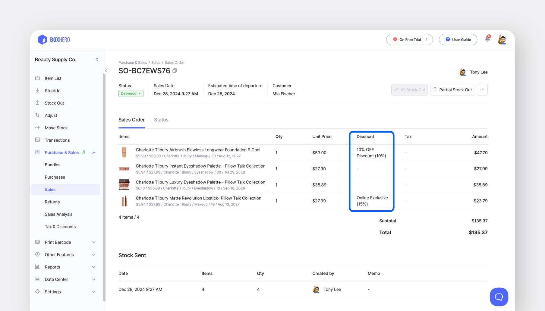 You can easily apply discounts to orders and sales invoices under BoxHero’s Purchase and Sales feature. 