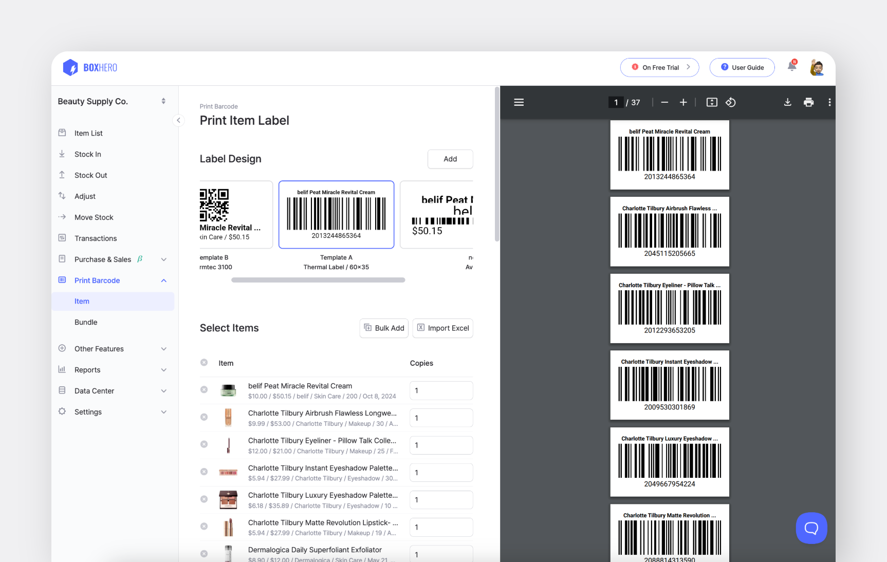 You can create and print barcodes to track inventory with BoxHero’s Barcode feature. 