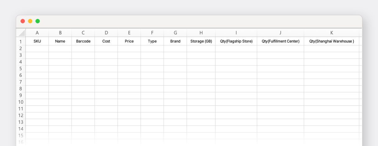 Sample Excel Template with the first row filled in