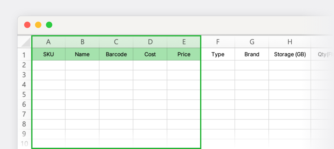 Sample Excel File highlighting the "Fixed Fields" columns