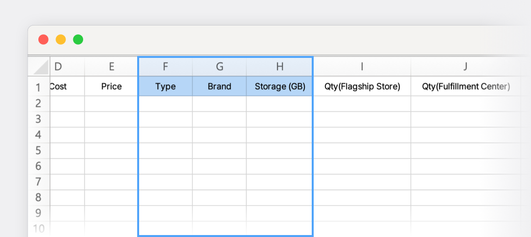 Sample Excel File highlighting the "Custom Attributes" columns