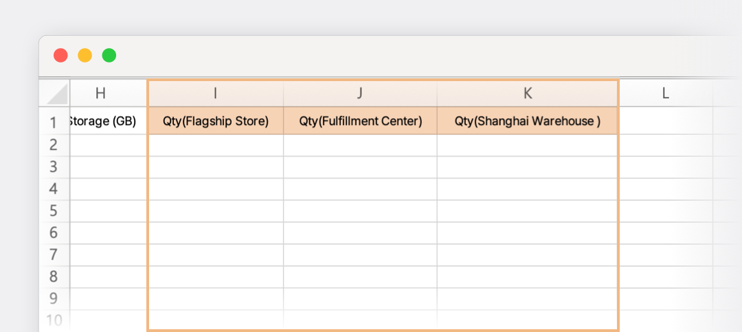 Sample Excel File highlighting the "Quantity by Location" columns