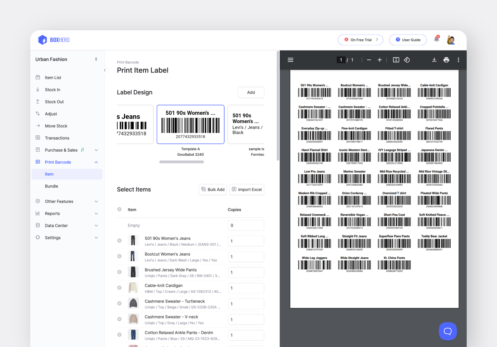 You can create and print your own barcodes with BoxHero’s Barcode feature. 