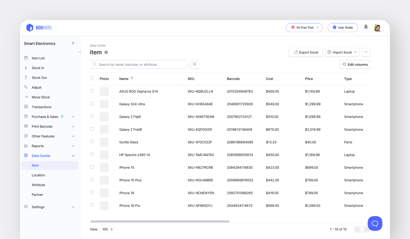 BoxHero Desktop Screenshot: Items in Data Center