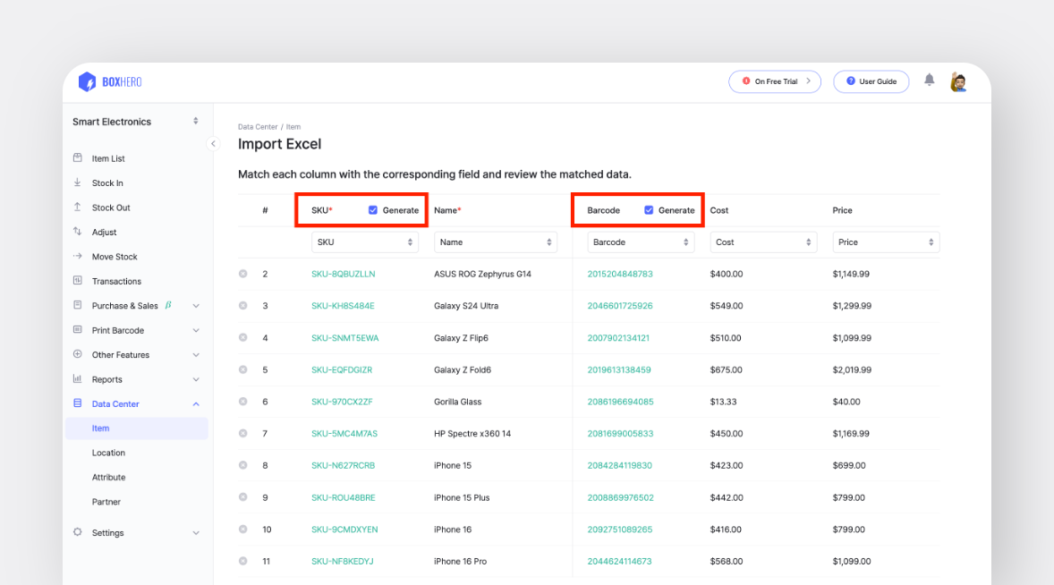 BoxHero Desktop Screenshot: Generating SKU and Barcode numbers