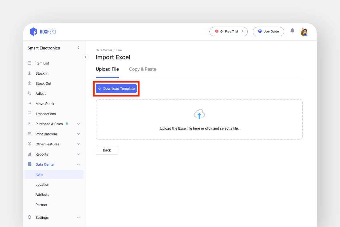 BoxHero Desktop Screenshot: Download the Excel Template