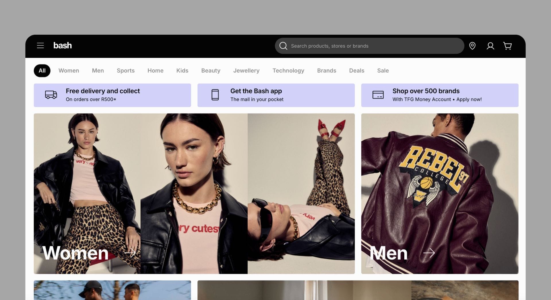 Bash online store homepage showcasing fashion, accessories, and technology with a clean, modern design and intuitive navigation.