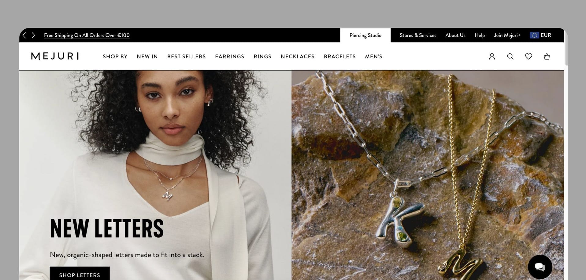 Mejuri's website highlighting fine jewelry, including gold necklaces and letter pendants, with an elegant, minimalist layout.