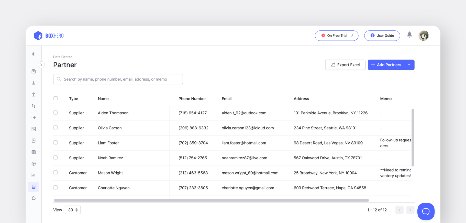 BoxHero's partner management dashboard displaying supplier and customer contact details, including names, phone numbers, and addresses.