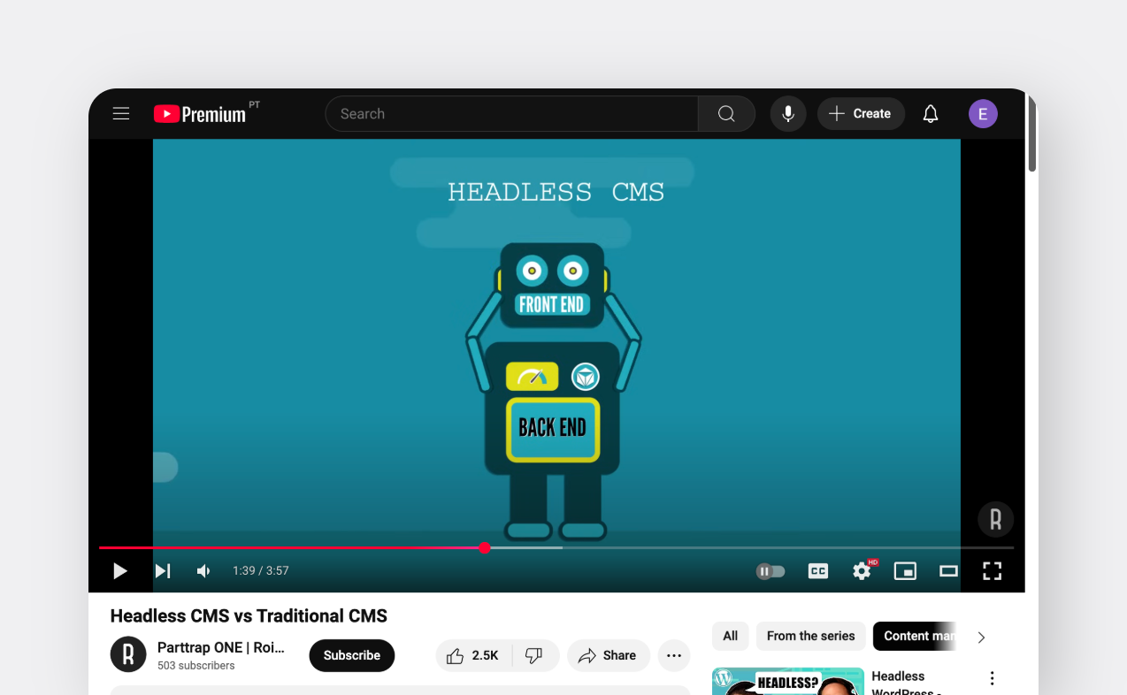 YouTube video screenshot of a robot labeled ‘front end’ and ‘back end’ for Headless CMS.