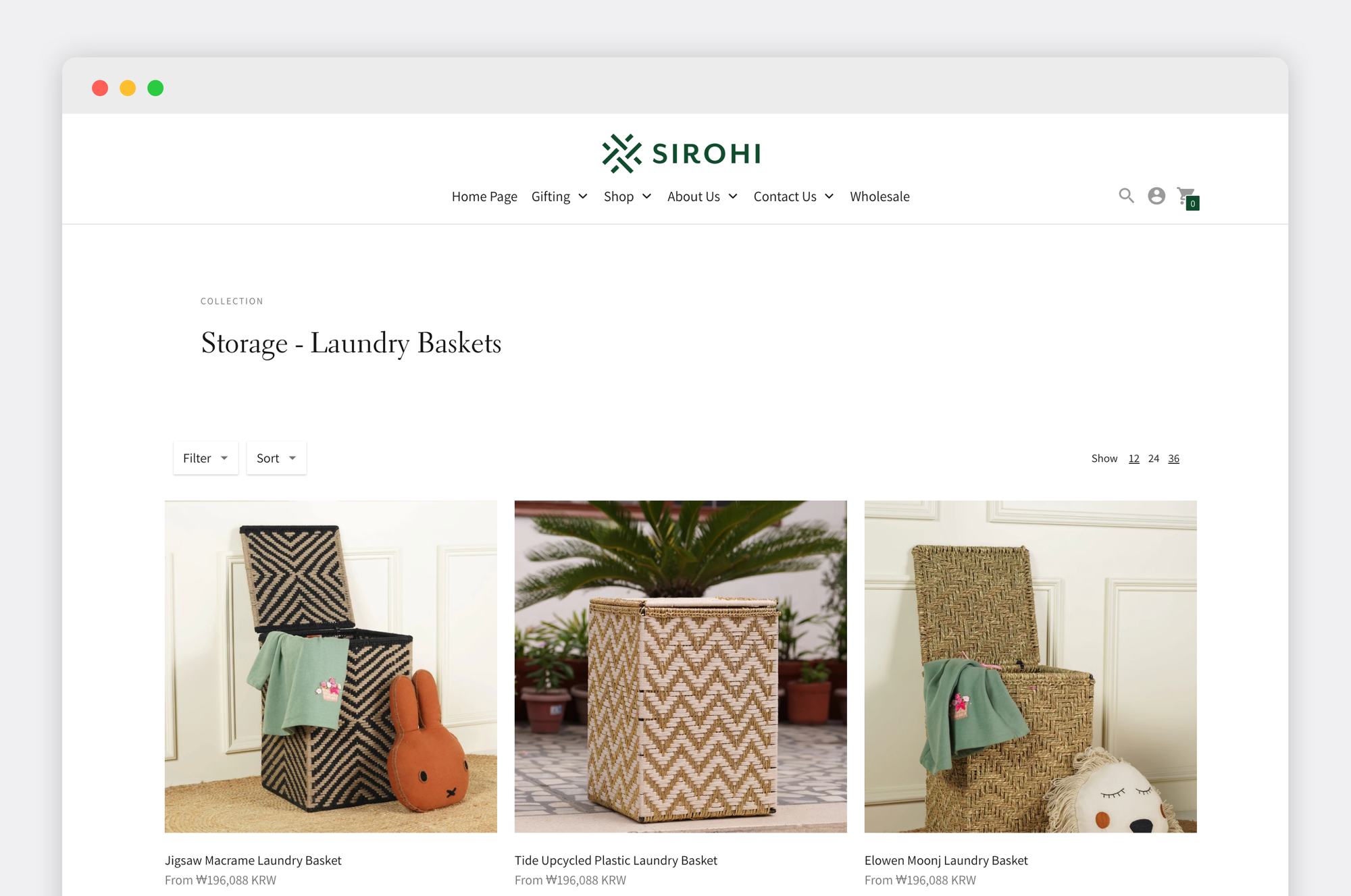 Woven laundry baskets displayed on Sirohi’s website, featuring intricate patterns and sustainable craftsmanship.