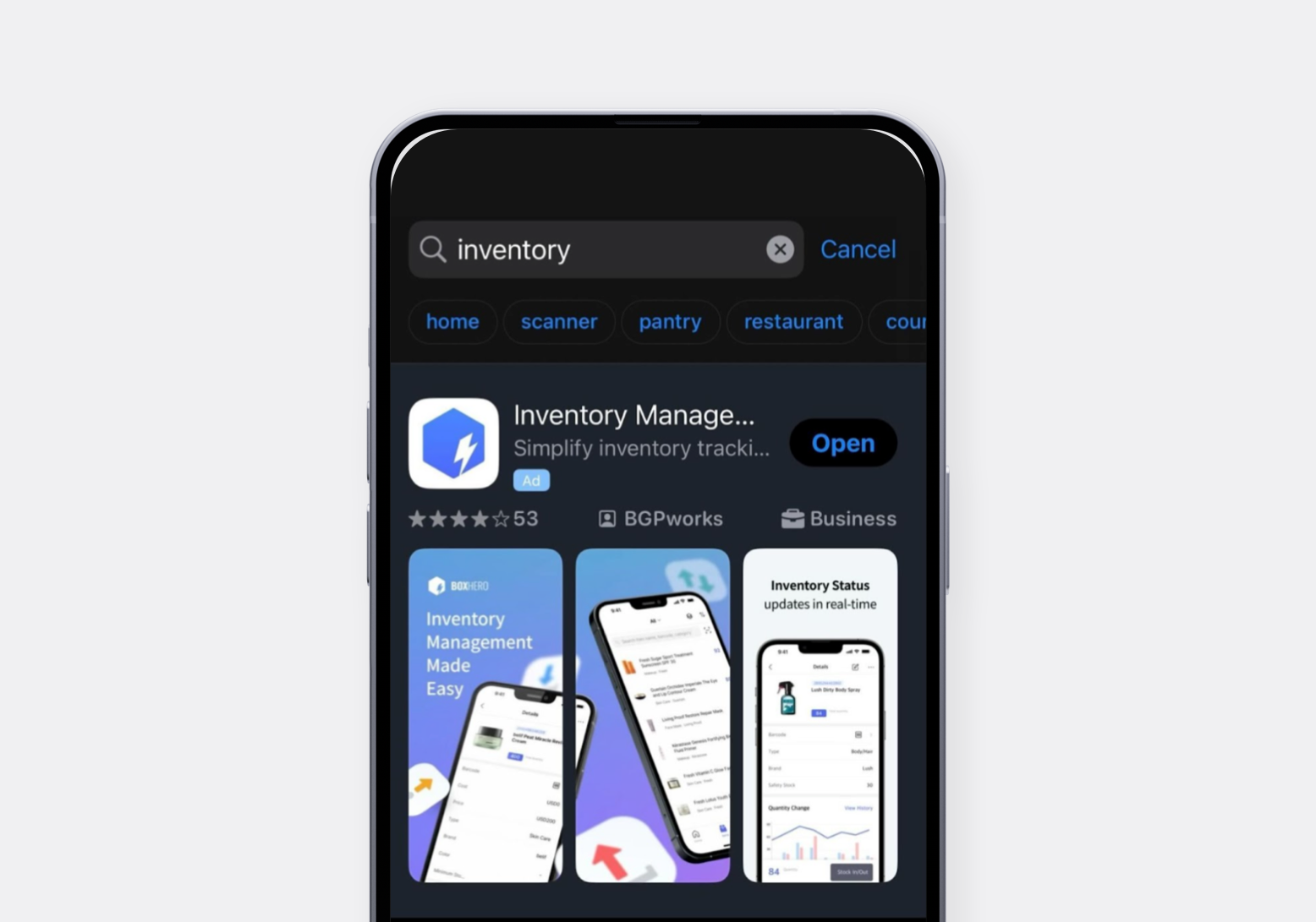 BoxHero appearing as one of the top inventory management apps in the App Store search results for "inventory."