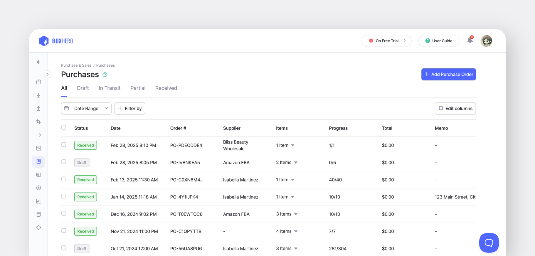 BoxHero purchases dashboard listing orders by status, supplier, progress, item count, and order dates.
