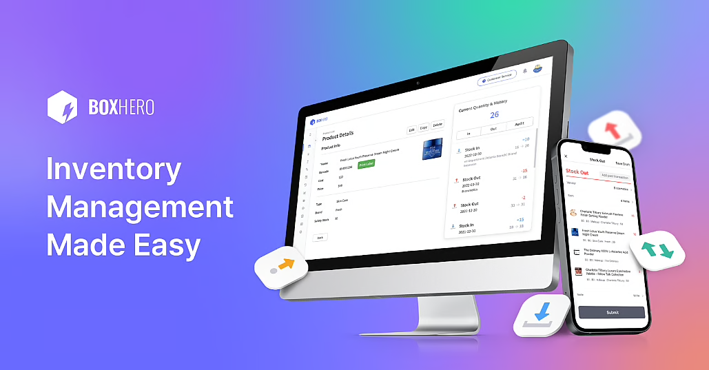 BoxHero product visual with desktop and mobile interface showing inventory history and stock status.