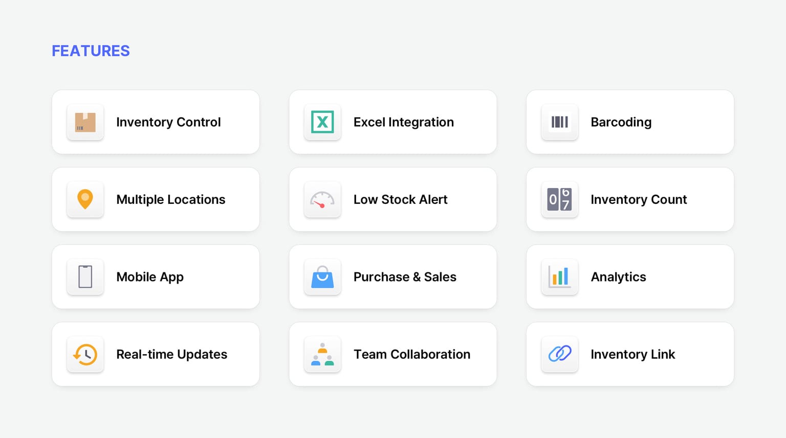 BoxHero All Features, including Multiple Locations, Barcoding, and Purchases & Sales