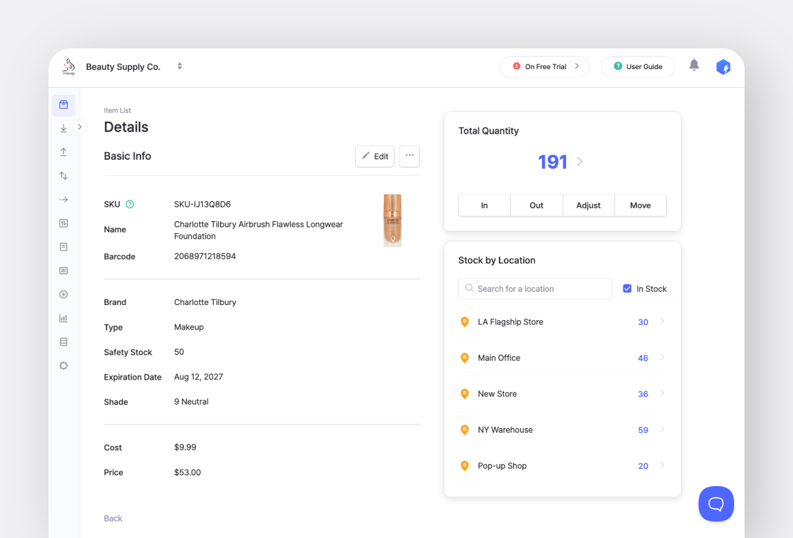 BoxHero web dashboard displaying item details, quantity, and stock levels across multiple business locations.