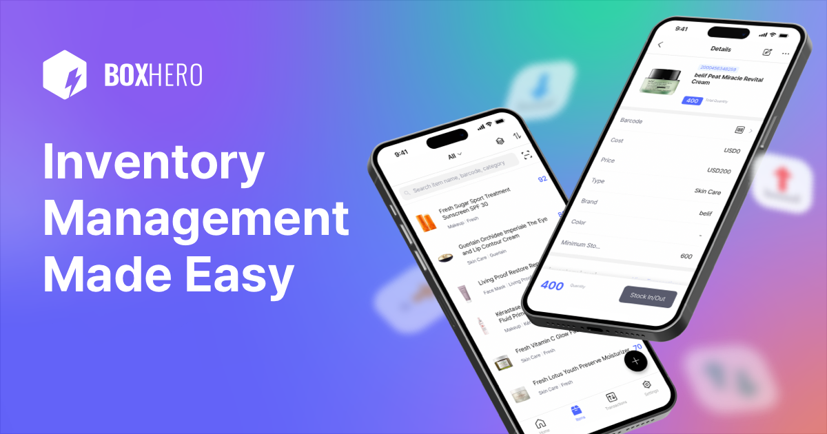 Two smartphones showing BoxHero inventory screens over a purple–green gradient with the text “Inventory Management Made Easy.”