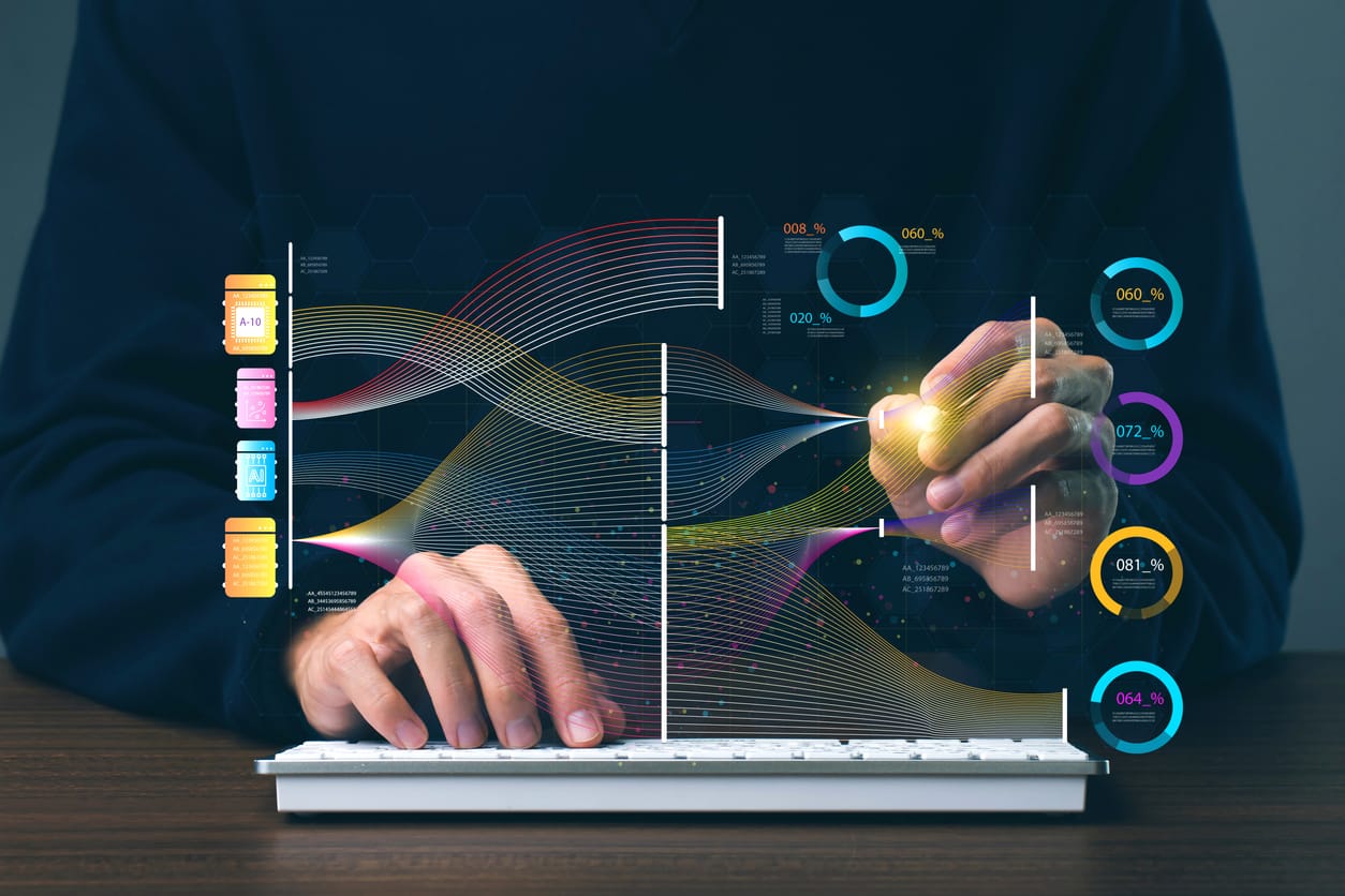 Big data technology and data science, data flow and digital neural network, artificial intelligence