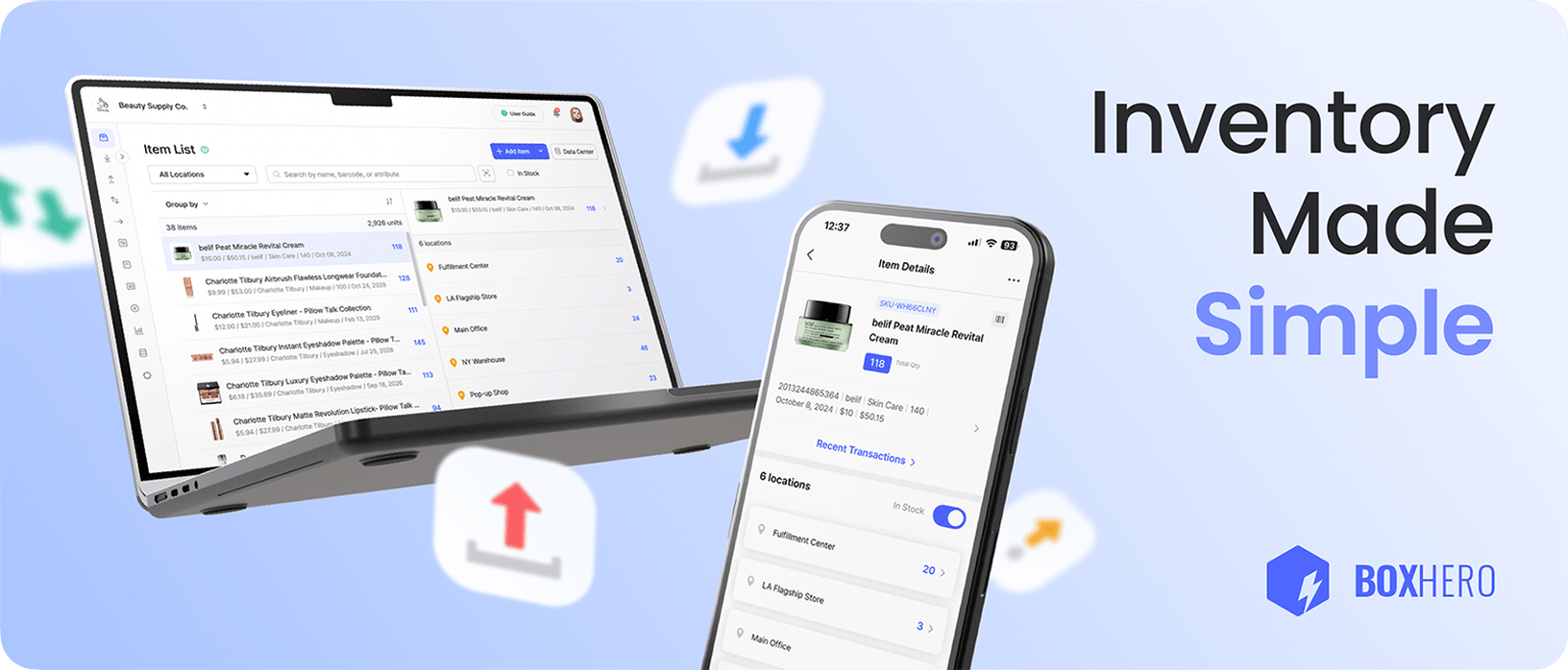 BoxHero desktop and mobile inventory management interface with item details, transactions, and barcode tracking.