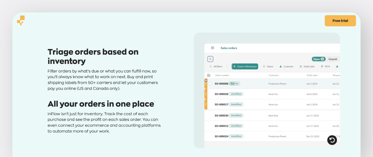 inFlow order management dashboard showing sales orders, fulfillment status, and customer details for tracking inventory.