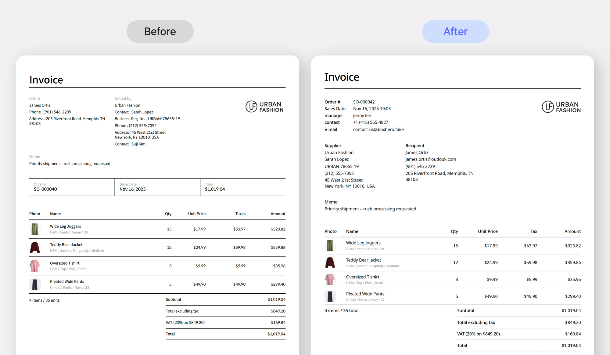 Before and after comparison of the Invoice layout
