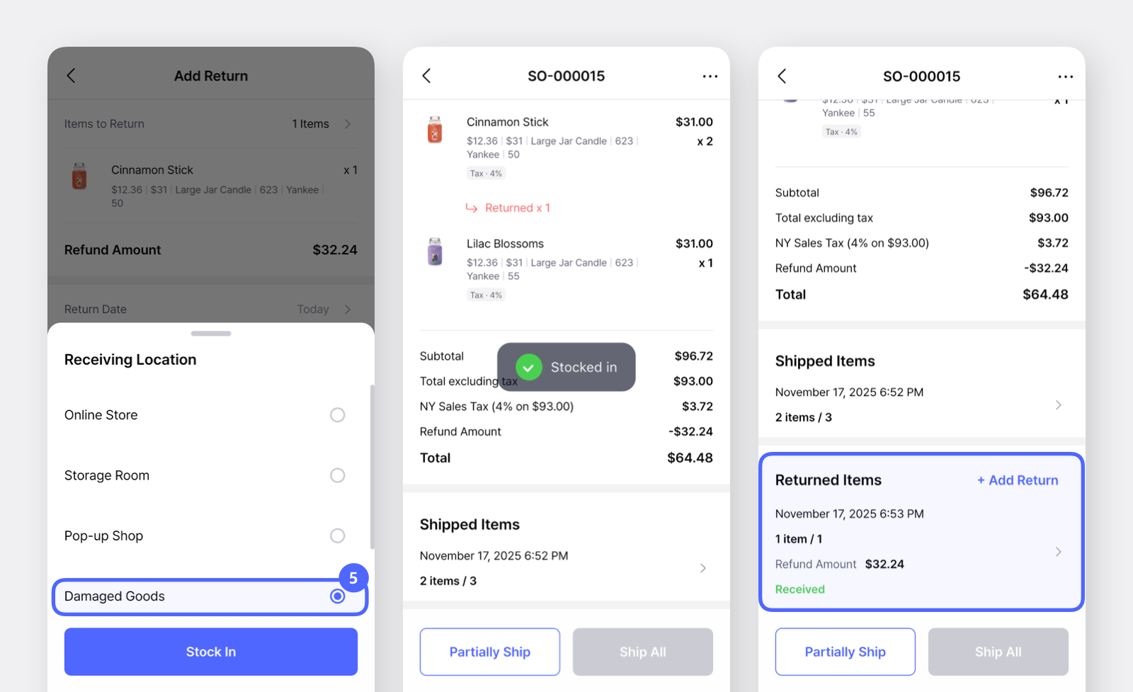 BoxHero Mobile App screenshots of returned item being stocked in
