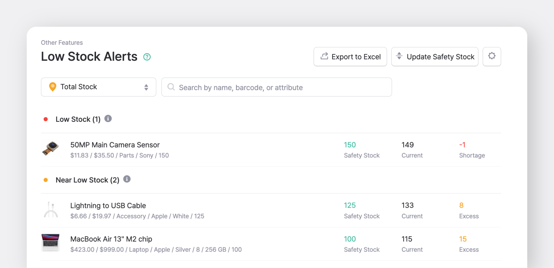BoxHero Low Stock Alerts feature with items in "Low Stock" and "Near Low Stock" categories